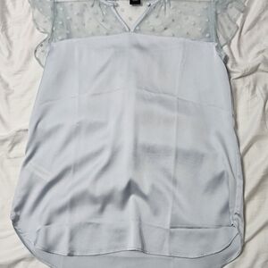 Ann Taylor Light Blue Sheer Dot Yoke Flutter Sleeve Top